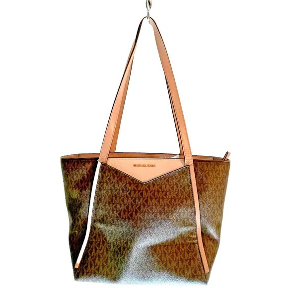 Michael Kors Tote Bag Brown Logo Print Leather Trim Style 30T8TN1T1B Authenticat - Picture 4 of 16